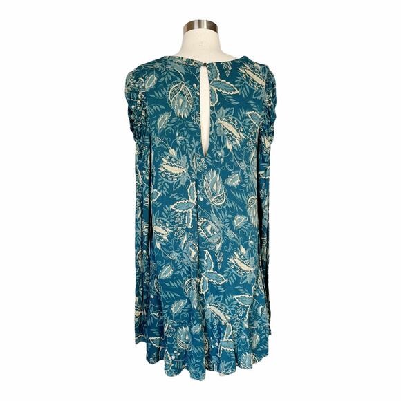 FREE PEOPLE Hello Lover Blue Green Tunic Top Shoulder Long Sleeves V-Neck Small - Picture 9 of 10